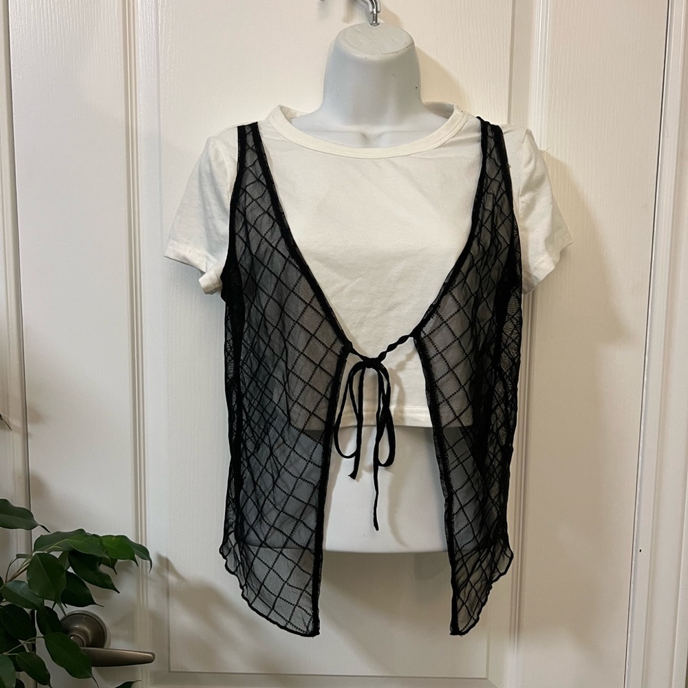 White Tee with Black Sheer Overlay